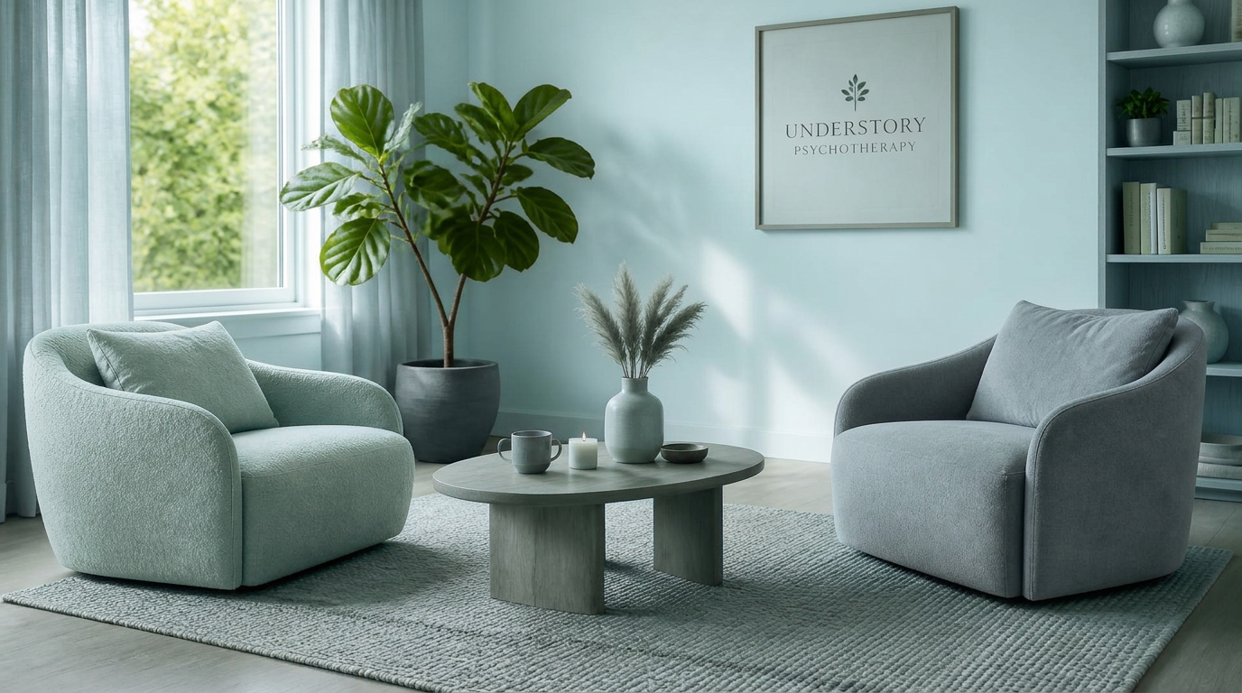 A serene, welcoming therapy office interior with comfortable armchairs, natural light, and soft coastal tones.