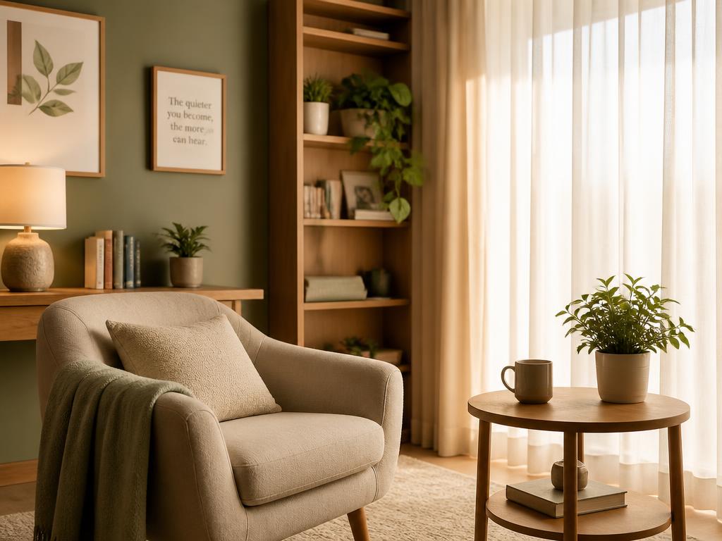A warm, sunlit therapy space with a comfortable armchair, soft textiles, and gentle plants