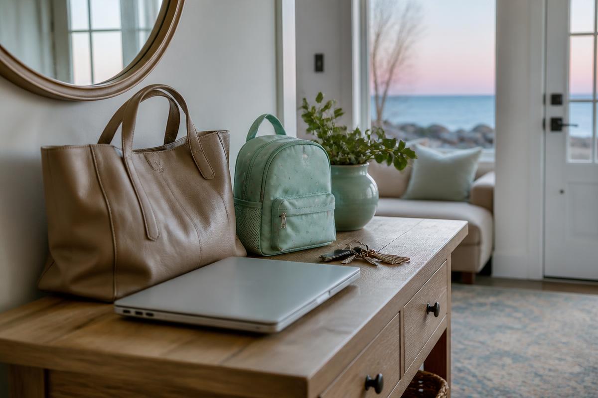 A work bag and child-sized backpack together in a lakeside home entryway