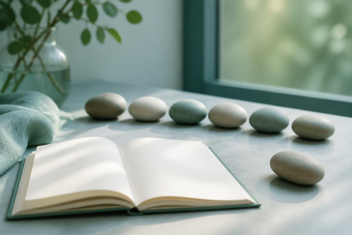 A row of smooth stones with one moved aside beside an open notebook