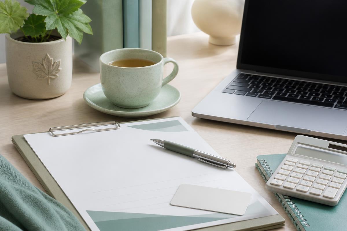A tidy desk with benefits paperwork, a calculator, laptop, and tea