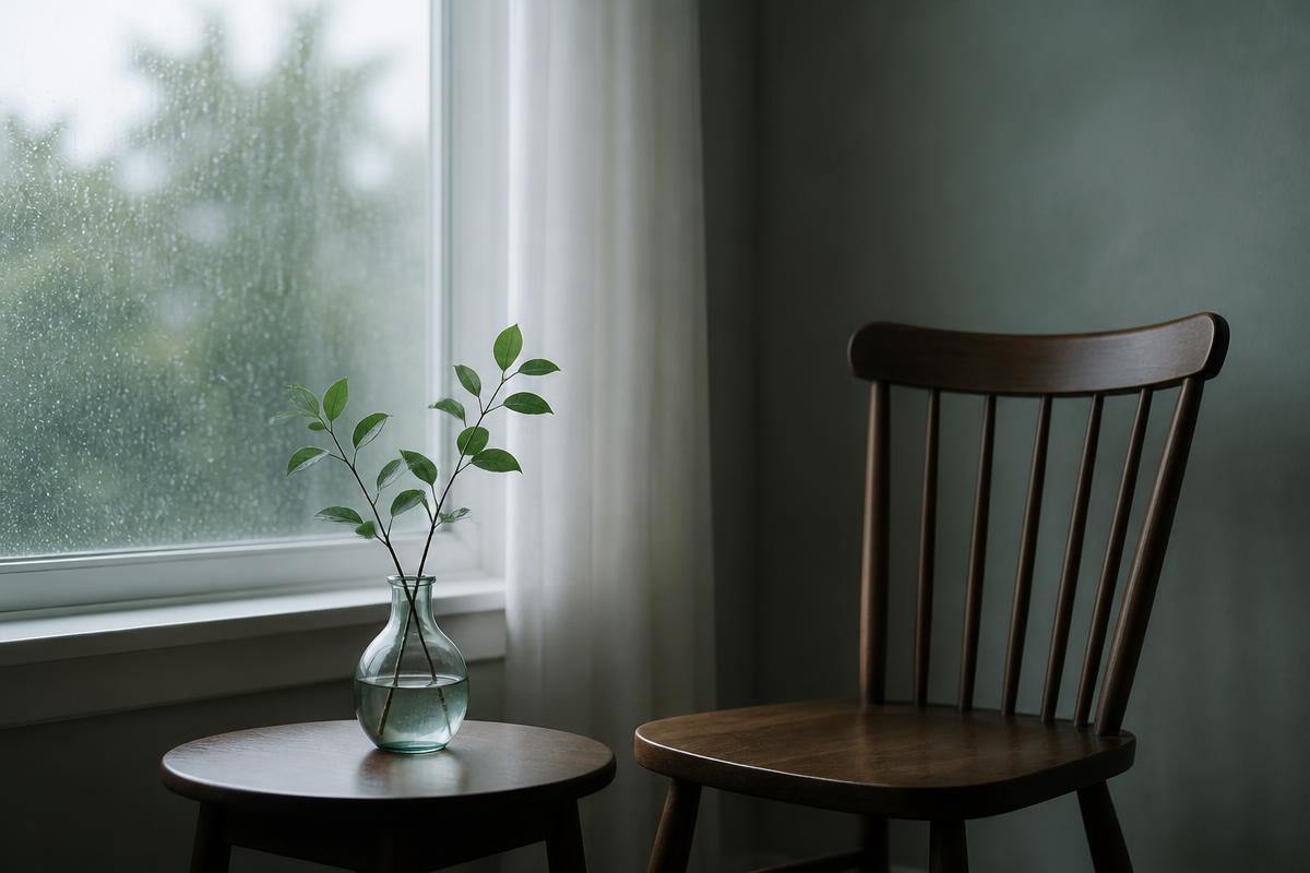 An empty chair and a green branch beside a rain-covered window