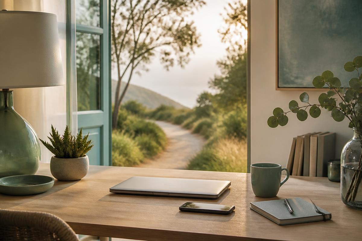 A closed laptop and quiet path suggesting a restorative pause from work
