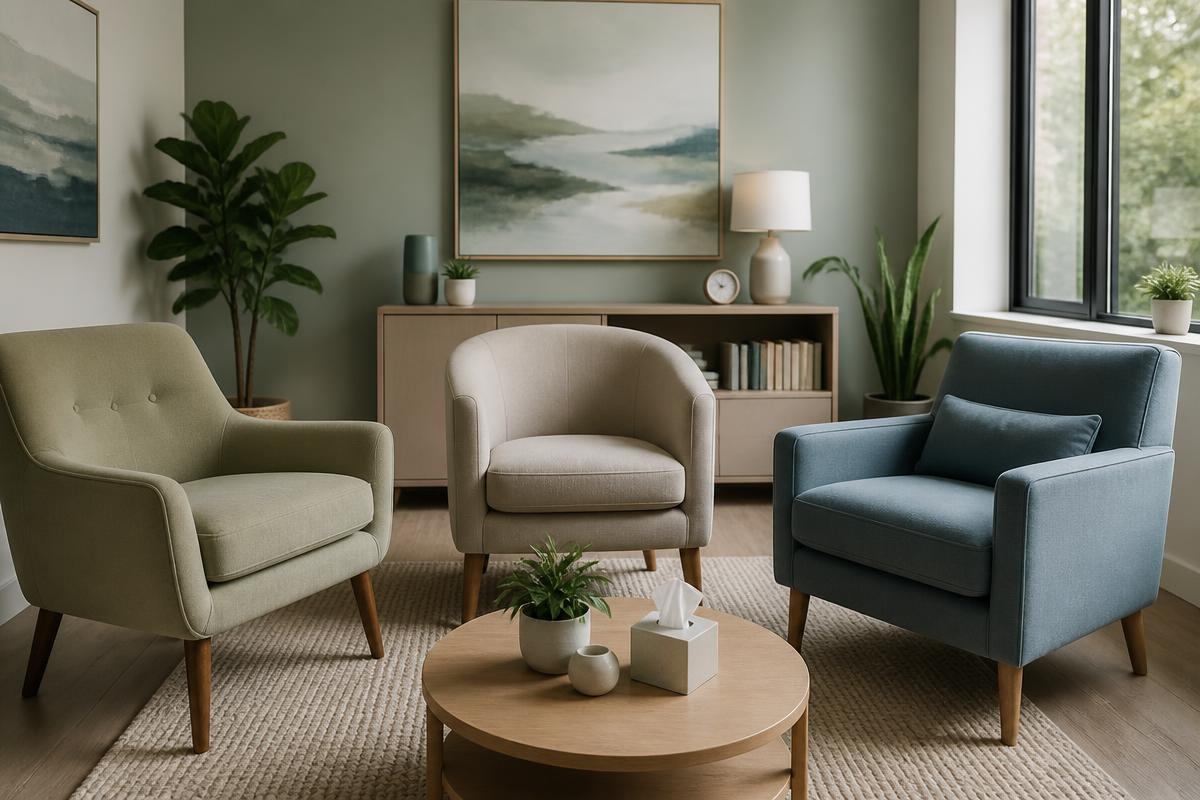 Three welcoming chairs arranged in a calm psychotherapy office