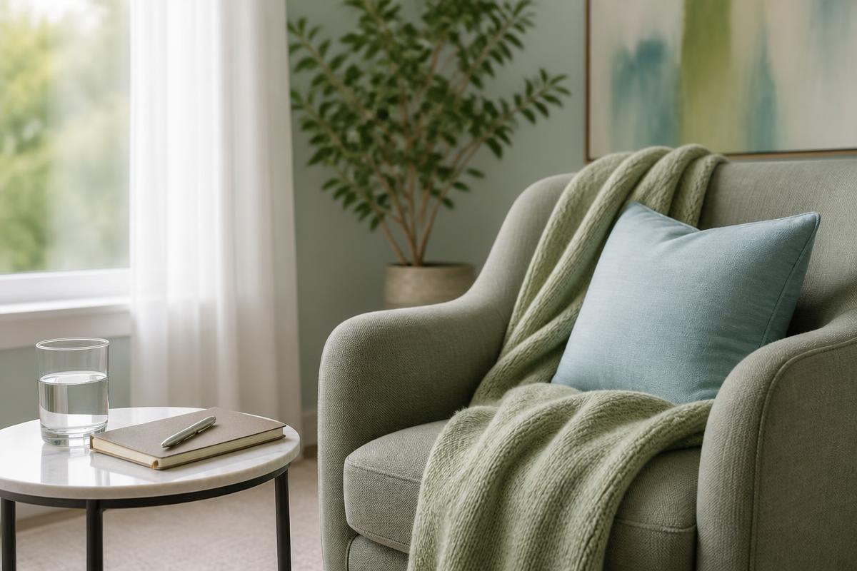 A comfortable therapy chair beside a notebook and glass of water
