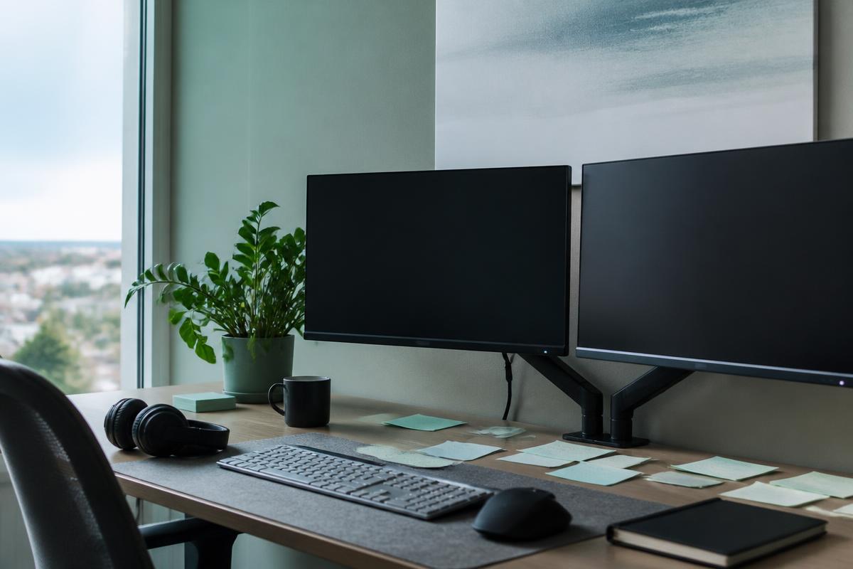 A quiet dual-monitor workspace after the workday has ended