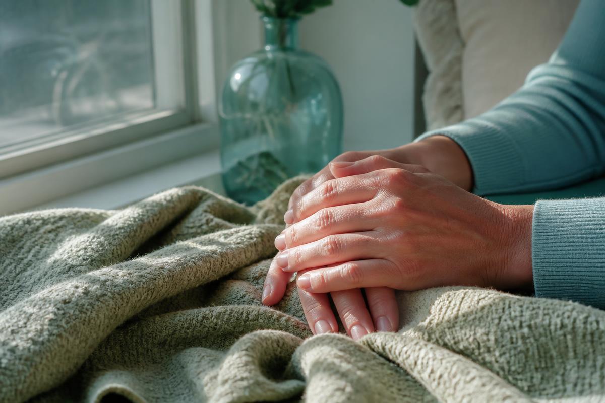 Hands resting calmly on a soft blanket in natural window light